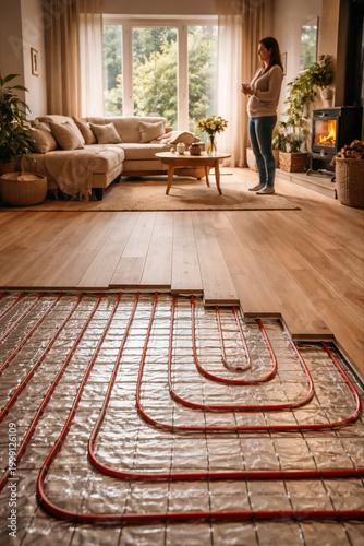 Underfloor radiant heating system installation beneath wooden flooring in modern cozy living room with woman, fireplace, and natural light from large windows.