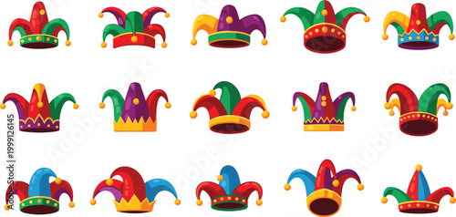 Colorful Jester and Clown Hats Collection Featuring Red, Green, Purple, and Yellow Designs for Carnival, Party, and Festival Illustrations
