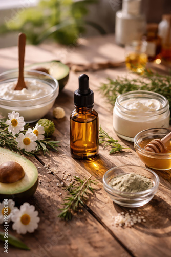 Natural skincare ingredients arranged on rustic wooden table with amber essential oil bottle, creams, honey, avocado, herbs and chamomile flowers for homemade beauty treatments.