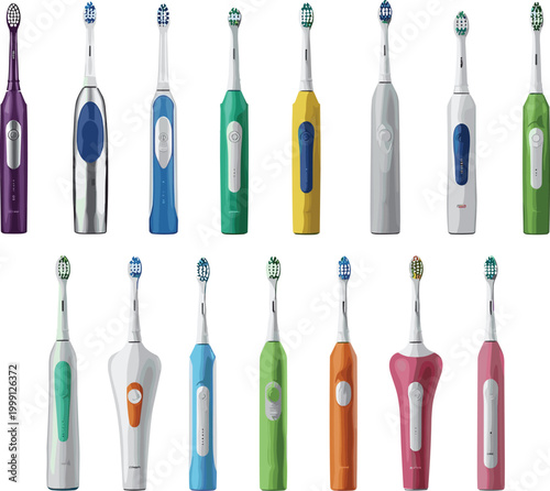 Electric Toothbrush Collection Featuring Various Colors and Designs for Oral Care, Hygiene, and Dental Health Illustrations