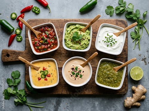 Six bowls of different dips and sauces with herbs and spices on a wooden cutting board surrounded by vegetables and fruits on a gray surface