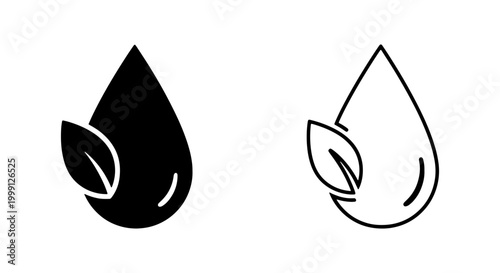Black and white water drop icons with leaf, vector illustration