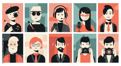 A collection of ten minimalist, flat-design illustrations depicting diverse professionals and creative individuals, including artists, musicians, broadcasters, and photographers.
