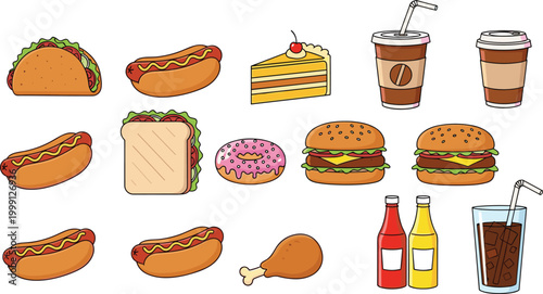Fast Food and Snack Collection Featuring Hot Dogs, Hamburgers, Sandwiches, Drinks, and Desserts for Culinary, Snack, and Meal Illustrations