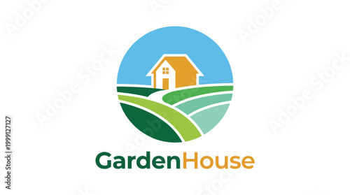 This logo showcases a charming house surrounded by green fields, representing a peaceful and inviting environment, perfect for real estate or gardening businesses.