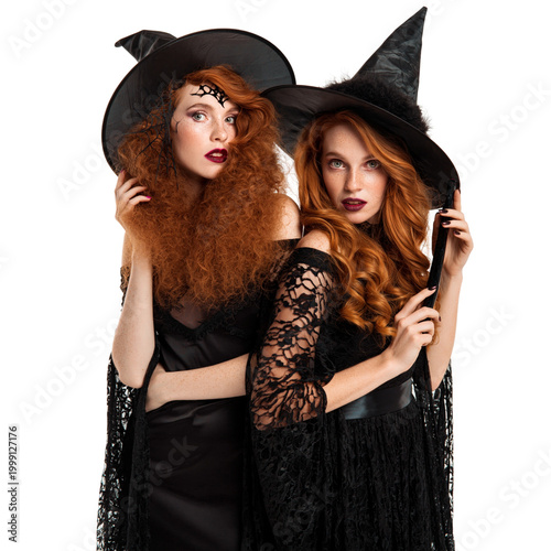 Two beautiful redheaded witches in black lace gothic outfits and hats posing , Halloween concept. isolated on transparent or white background, png