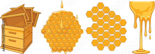Honey and Beekeeping Products Collection Featuring Honeycomb, Honey Drips, and Beehive Frames for Natural, Organic, and Culinary Designs