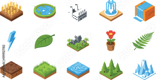 Nature and Environment Icons Collection Featuring Plants, Waterfalls, Mountains, and Factory for Ecological, Sustainability, and Landscape Designs