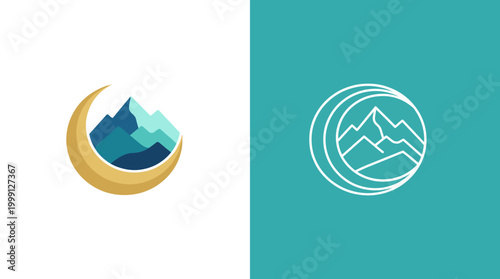 An artistic logo showcasing a crescent moon cradling a vibrant mountain landscape, evoking feelings of adventure, tranquility, and connection with nature throughout the night.
