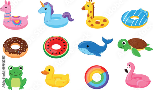 Summer Pool and Float Toys Collection Featuring Unicorn, Giraffe, Donut, Whale, and Flamingo Designs for Fun, Vacation, and Water Play Illustrations