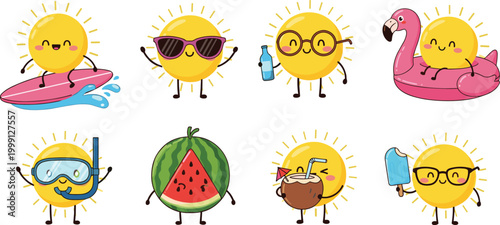 Photography Summer-Themed Cartoon Sun Characters Featuring Surfing, Sunglasses, Watermelon,