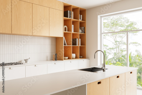 Minimalist natural wood kitchen interior with clean lines, open shelving, modern cabinetry, large window and serene bright atmosphere. 3D Rendering