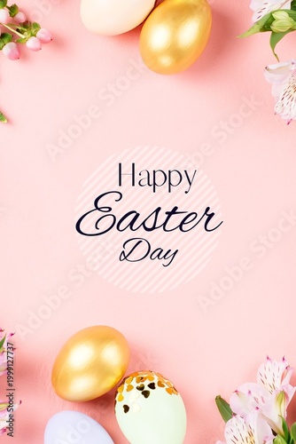Easter eggs and flowers on pink background with Happy Easter Day text
