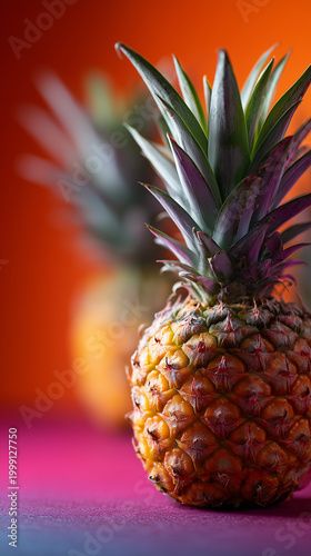Ripe pineapple with a dramatic colorful background and shallow depth of field.