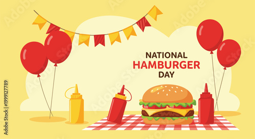 National hamburger day festive background with a delicious burger, red balloons, and colorful bunting decorations
