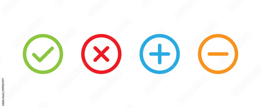Obraz premium Yes no plus minus vector line icon set round color