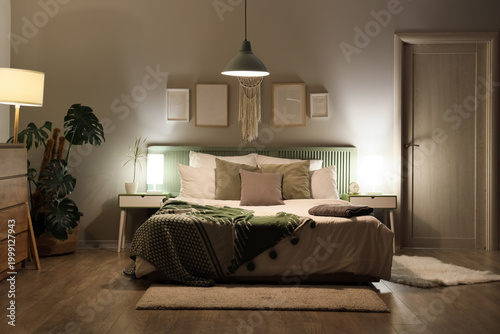Interior of bedroom with bl...