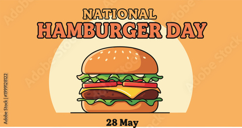 National hamburger day banner design with a cheeseburger illustration and the date twenty eighth of may text