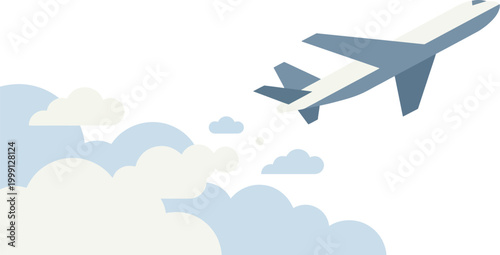 Airplane flies through the clouds high above the atmosphere during a bright daylight flight.