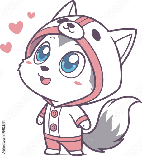 ハートを浮かべて見上げる可愛いハスキー犬の擬人化イラスト、愛情や憧れを表現した素材