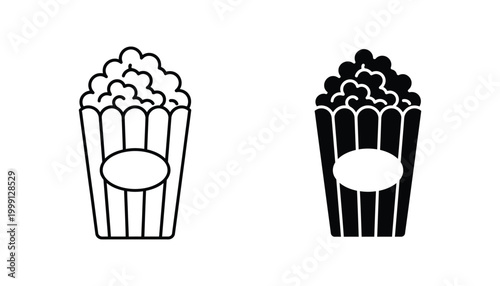 Popcorn bucket icon set featuring cinema snack container in outline and solid black styles for entertainment and movie theater branding on white background