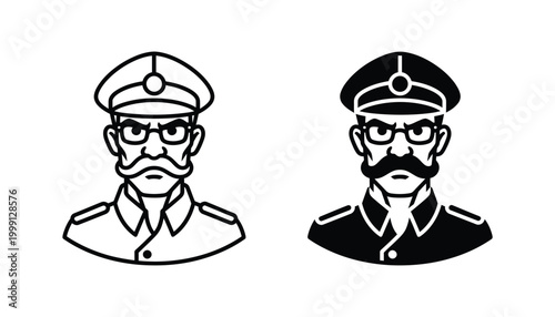Military officer character icon set with hat and mustache in outline and solid black styles for leadership and authority branding on white background