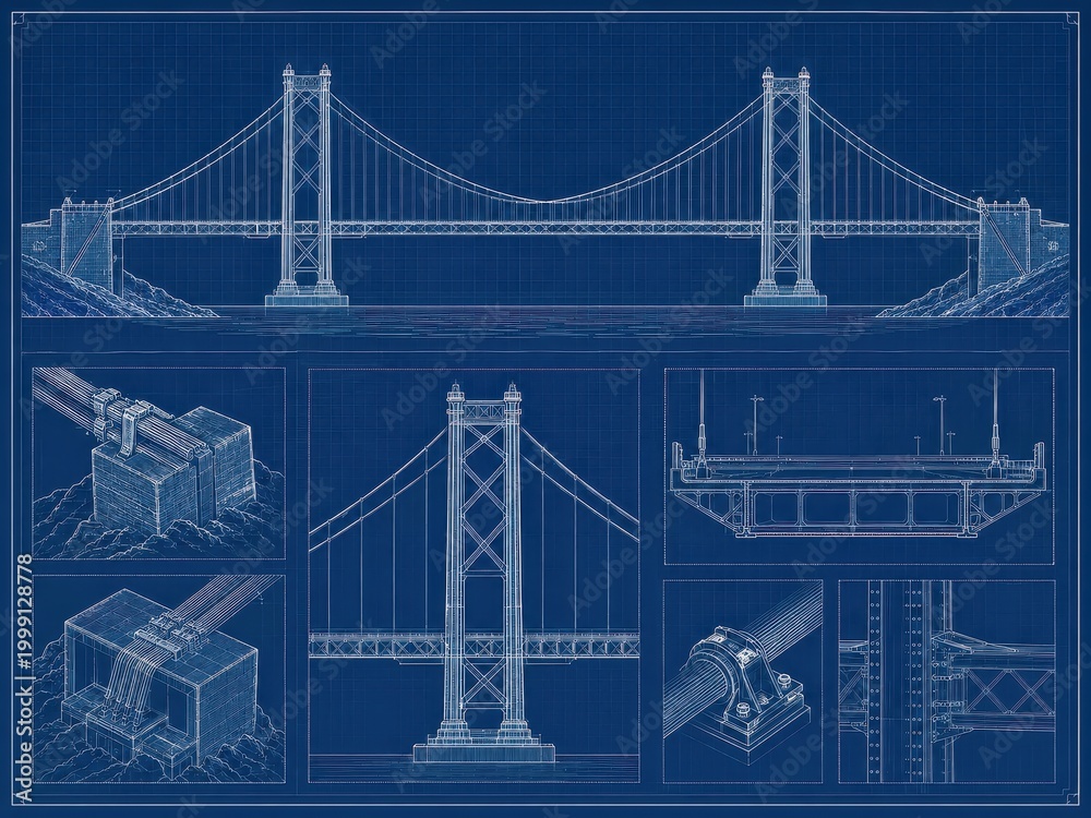 Fototapeta premium Blue suspension bridge blueprint with technical structural details. Engineering architectural plan of civil project construction