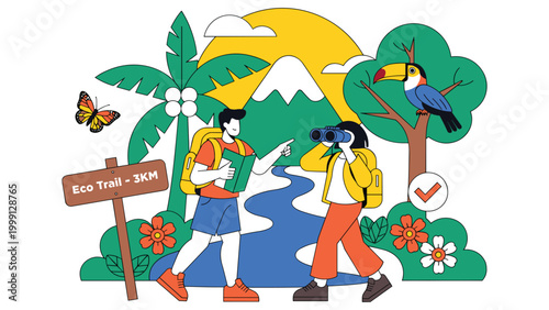 Eco trail hikers observing nature, tropical forest with toucan and butterfly.