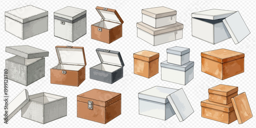 Watercolor illustration set of various gift boxes and storage containers in different shapes and colors.