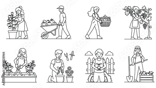 People gardening, growing vegetables and flowers, tending to plants outdoors.