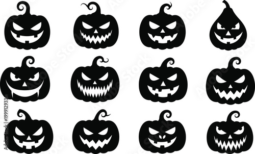 Halloween Pumpkin Icon Set with Spooky Jack O Lantern Faces, Scary Smiling Expressions, Black Silhouette Vector Collection for Holiday Design and Decoration