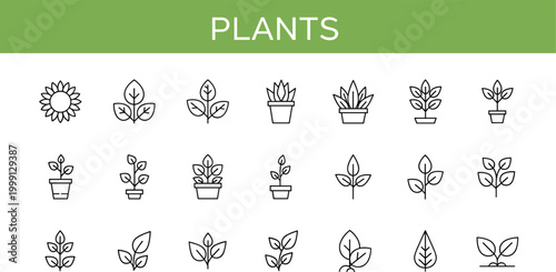 Plants icon set featuring various potted plants leaves sprouts and botanical growth elements minimal outline vector collection