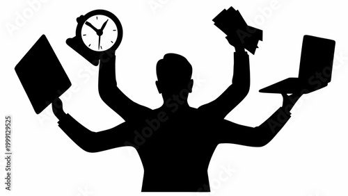 Stressed worker with multiple tasks and deadlines overwhelmed silhouette