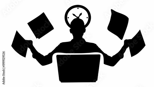 Stressed worker silhouette with clock and papers overwhelmed office worker concept
