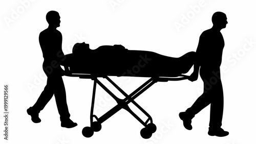 Black silhouette vector of ambulance staff helping patient on stretcher