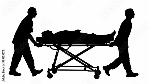 Medical staff in silhouette pushing a stretcher with a patient