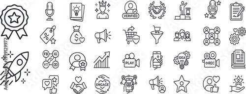 Digital Marketing & Brand Growth Icon Set, Influencer & Social Media Engagement Essentials, Business Success & Creative Strategy Line Icons, Modern Professional Branding & Content Creation Kit.eps