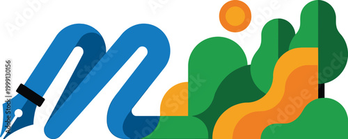 Fountain pen nib forms the letter M integrated with a stylized landscape of rolling green hills.