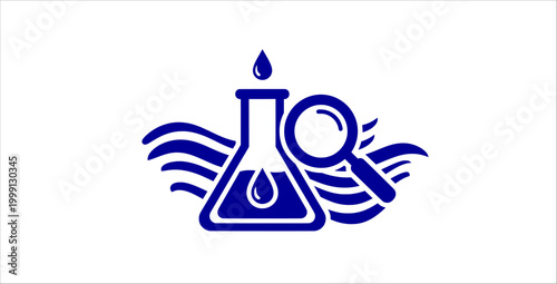 Laboratory analysis icon flat design style lab flask magnifying glass liquid drop research science testing chemistry experiment inspection waves data quality control concept