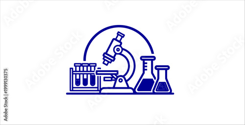 Laboratory science research outline icons set. microscope, test tubes, chemical flasks, lab equipment, scientific experiment, biology research, chemistry tools, analysis