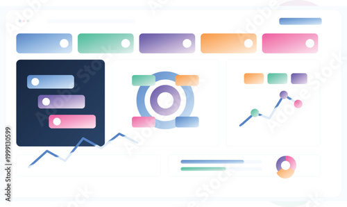 Analytics dashboard interface with target chart KPI widgets growth graph colorful SaaS admin panel template for business reporting platforms