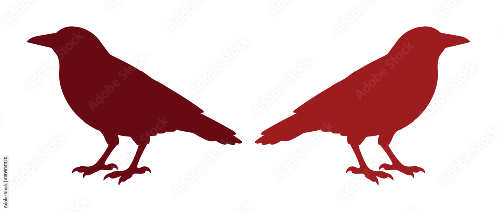 Fototapeta premium Two dark red bird silhouettes, a pair of stylized raven or crow vector graphics, minimalist avian design elements for branding and nature themes