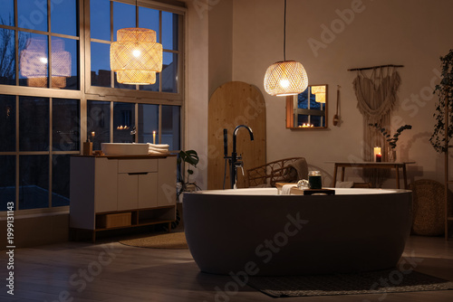 Interior of dark bathroom w...