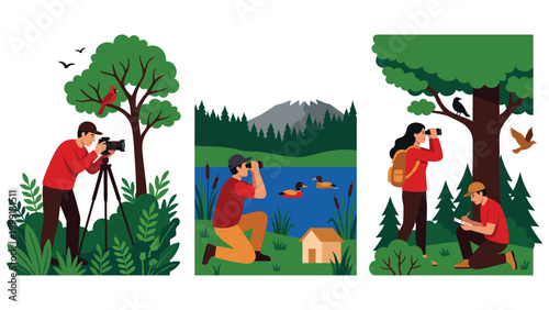 Birdwatchers and photographers documenting wildlife in forest settings flat illustrations.