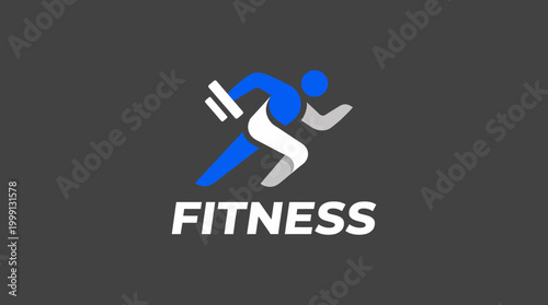 This dynamic fitness logo features a running figure holding weights, representing strength, vitality, and an active lifestyle, perfect for gyms and wellness brands.