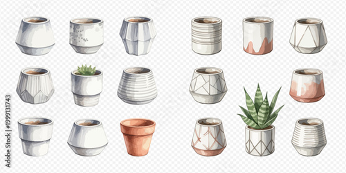 Collection of modern ceramic flower pots and planters with geometric patterns and succulent plants, isolated on transparent background.