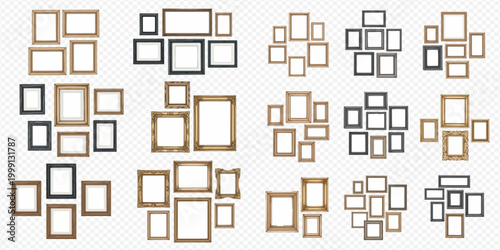 Set of empty picture frames in various shapes and colors, perfect for displaying photos and artwork.