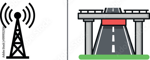 Telecommunication Tower and Bridge Vector Set Featuring Wireless Signal and Elevated Road for Infrastructure, Connectivity, and Transportation Illustrations.
