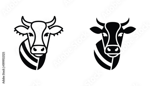 Cow head emblem vector graphic in outline and solid black style for farm branding and dairy industry or organic food logo design elements