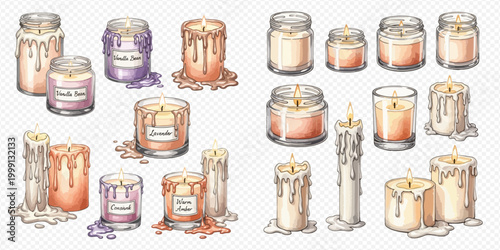 Collection of various watercolor candles in jars and pillar shapes with melted wax drips, isolated on transparent background.